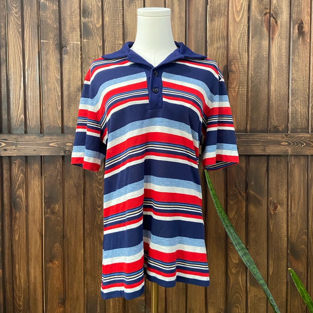 Vintage Handmade Striped Polo Shirt | 70s 80s Red White Blue Knit | No Tag | M/L